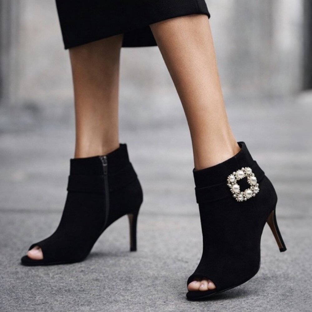 J. Renee Pranati Black Suede Open Toe Bootie | Pearl Buckle | Size 10M